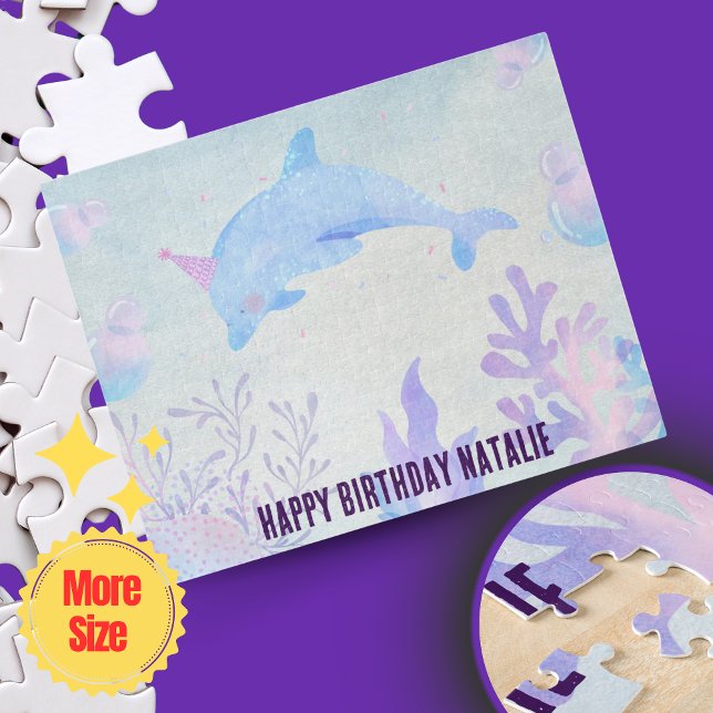 Personalized Blue Watercolor Sea and Delphine  Jigsaw Puzzle (Personalized Blue Watercolor Sea & Dolphin Jigsaw Puzzle – Minimalist Ocean-Themed Gift for Kids )