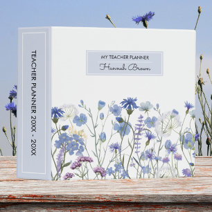 Personalized Blue Watercolor Wildflower Floral 3 Ring Binder