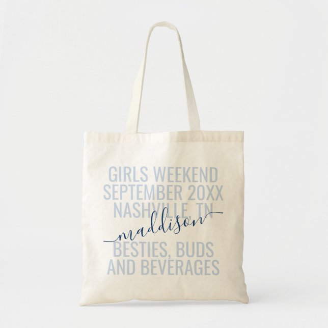 Personalized Blue Weekend Trip Bachelorette Tote Bag (Front)