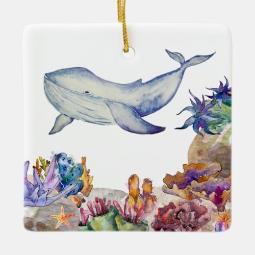 Personalized Blue Whale Coral Reef Watercolor Ceramic Ornament