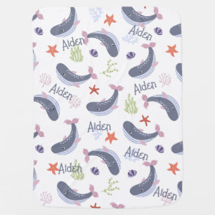 Personalized blue whale kids baby blanket