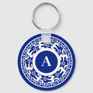 Personalized Blue White Chinoiserie Chic Monogram Keychain