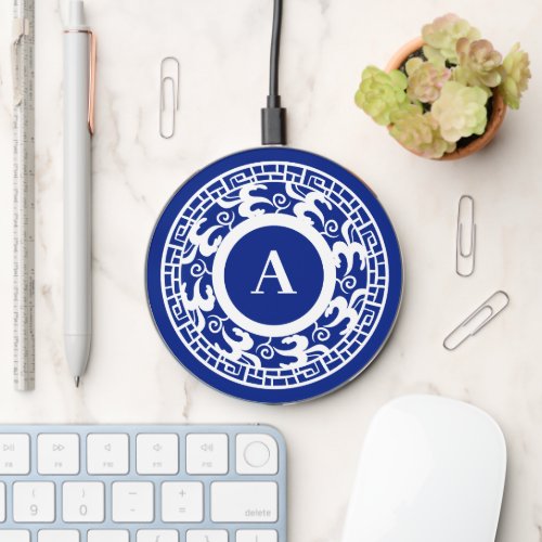 Personalized Blue White Chinoiserie Chic Monogram Wireless Charger