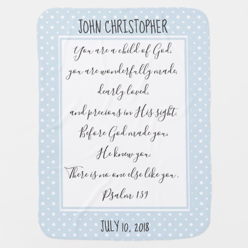 Personalized BlueWhite Dots Verse from Psalm Baby Blanket