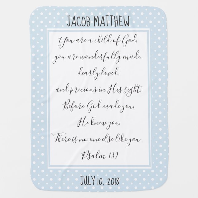 Personalized, Blue/White Dots, Verse from Psalm Baby Blanket (Front)