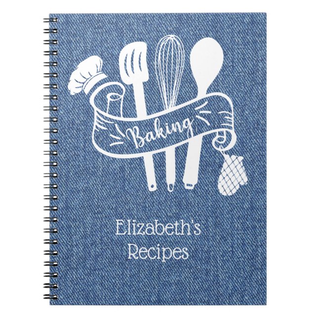 Personalized Blue White Faux Denim Baking Recipe Notebook (Front)