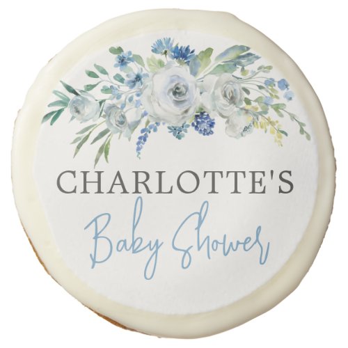 Personalized Blue White Floral Boy Baby Shower Sugar Cookie