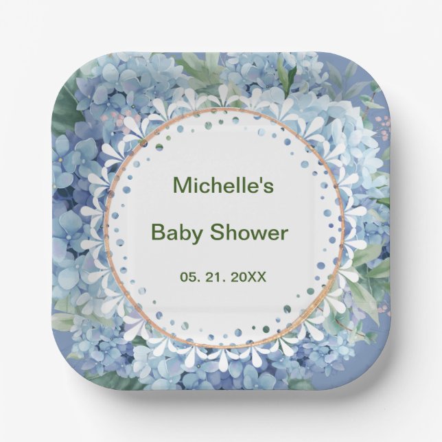 Personalized Blue & White Florals Baby Shower Paper Plates (Front)