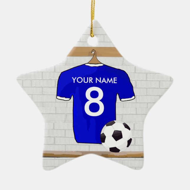 Personalized Blue White Football Soccer Jersey Ceramic Ornament (Front)