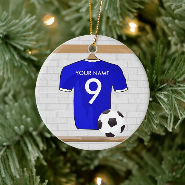 Personalized Blue White Football Soccer Jersey Ceramic Ornament (Tree)