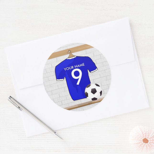 Personalized Blue White Football Soccer Jersey Classic Round Sticker (Envelope)