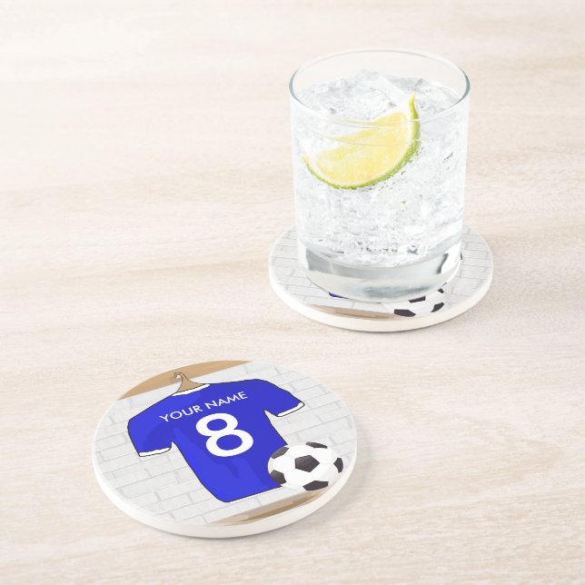 Personalized Blue White Football Soccer Jersey Coaster (Side)