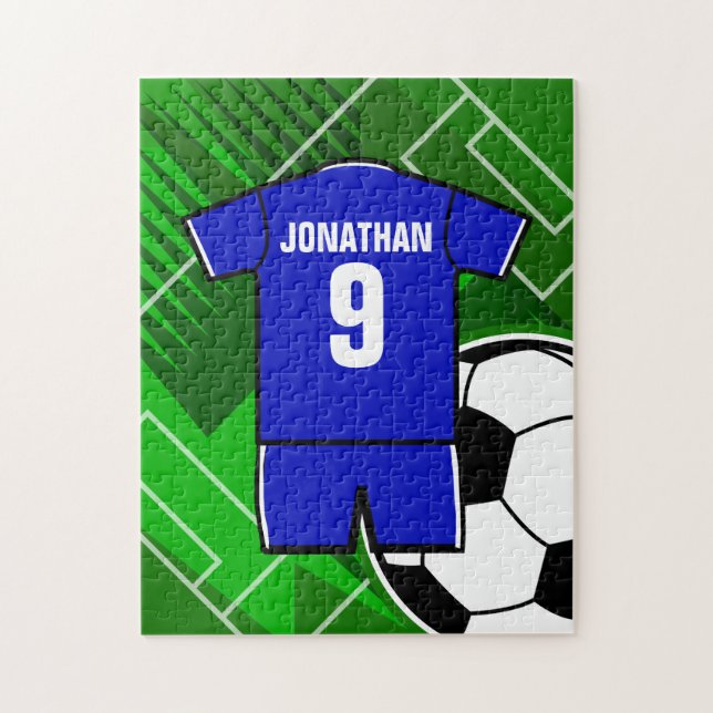 Personalized Blue White Football Soccer Jersey Jigsaw Puzzle (Vertical)
