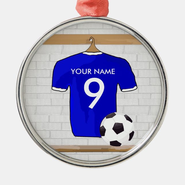Personalized Blue White Football Soccer Jersey Metal Ornament (Front)