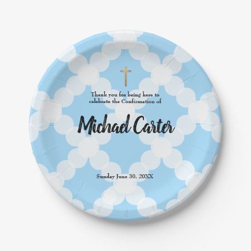 Personalized Blue White  gold cross Confirmation Paper Plates