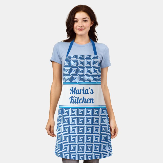 Personalized Blue White Greek Key Ancient Meander Apron (Worn)