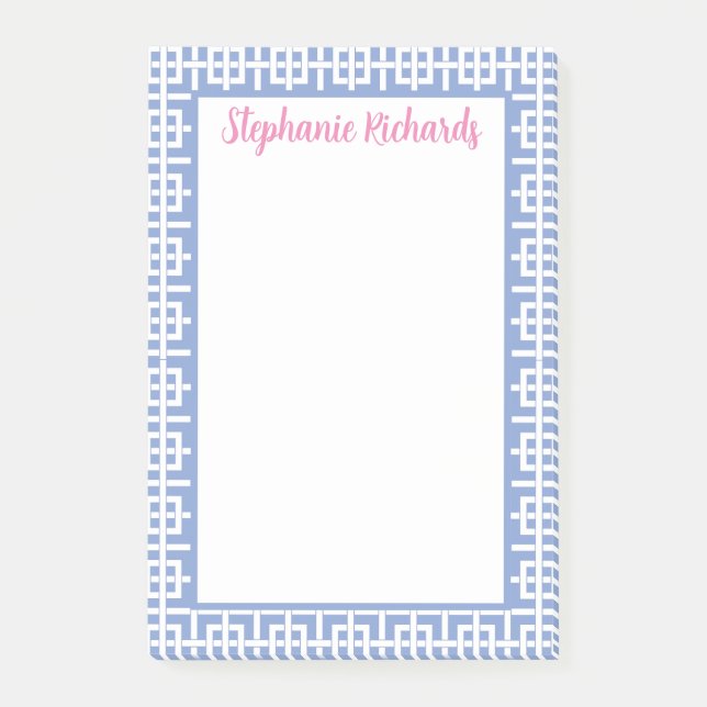 Personalized Blue & White Greek Key, Preppy Post-it Notes (Front)
