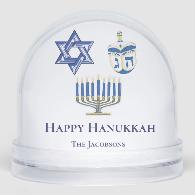 Personalized Blue & White Happy Hanukkah Snow Globe (Front)