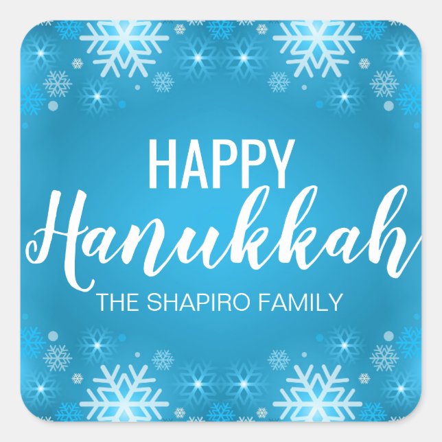 Personalized Blue White HAPPY HANUKKAH Snowflakes Square Sticker (Front)