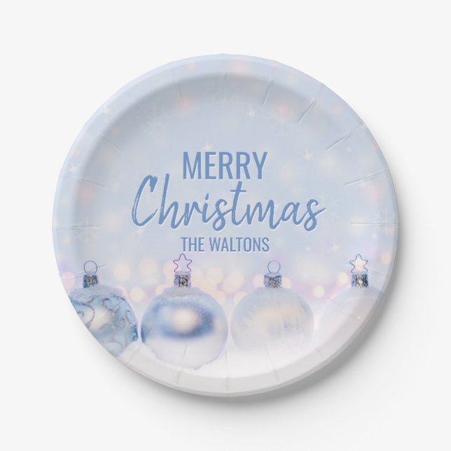 Personalized BLUE White MERRY CHRISTMAS Ornaments Paper Plates (Front)