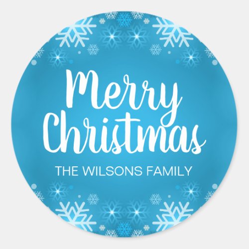 Personalized Blue White MERRY CHRISTMAS Snowflakes Classic Round Sticker