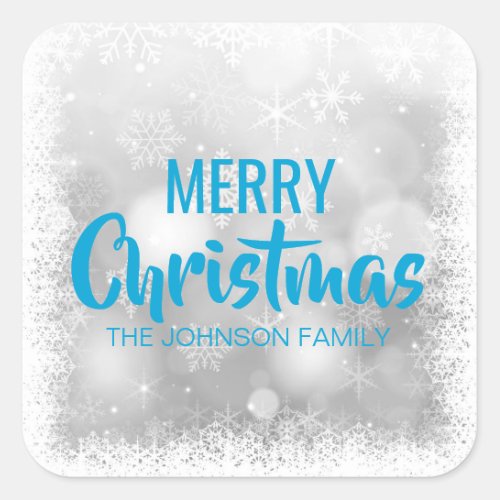 Personalized Blue White MERRY CHRISTMAS Snowflakes Square Sticker