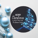Personalized BLUE White MERRY CHRISTMAS Tree Classic Round Sticker<br><div class="desc">Add these modern & personalized BLUE white Christmas holiday and happy new year stickers to your greeting cards,  envelopes .  Christmas tree in blue white twinkling lights. Editable text - color,  font and size.</div>