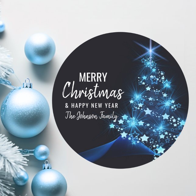 Personalized BLUE White MERRY CHRISTMAS Tree Classic Round Sticker (Personalized BLUE White MERRY CHRISTMAS Tree Classic Round Sticker)