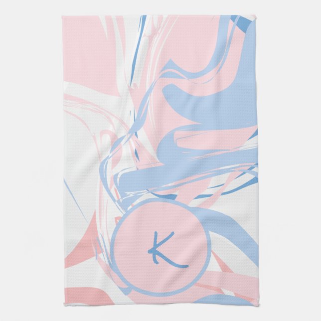 Personalized Blue White Pink Marble Swirl Abstract Kitchen Towel (Vertical)