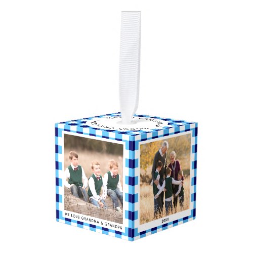 Personalized Blue White Plaid Christmas Photo Cube Ornament