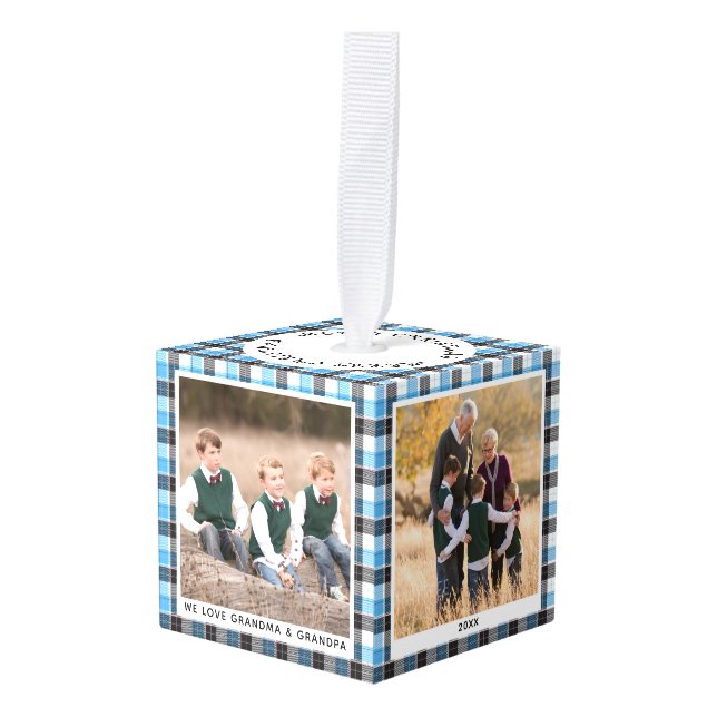 Personalized Blue White Plaid Photo Christmas  Cube Ornament (Front Angled)
