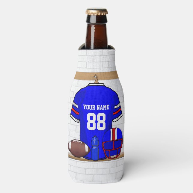 Personalized Blue White Red Football Jersey Bottle Bottle Cooler (Bottle Front)