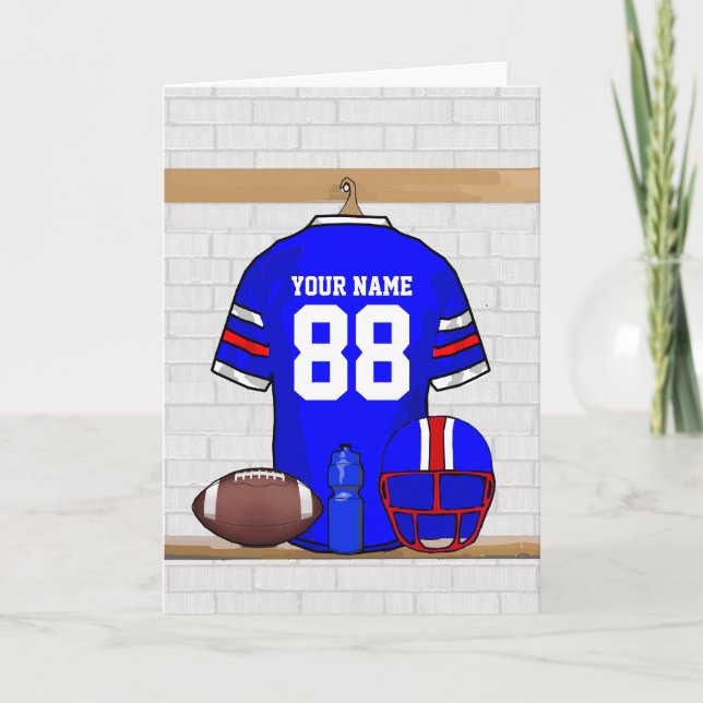 Personalized Blue White Red Football Jersey Card (Front)