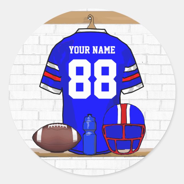 Personalized Blue White Red Football Jersey Classic Round Sticker (Front)