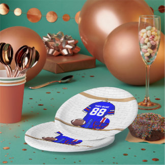 Personalized Blue White Red Football Jersey Paper Plates