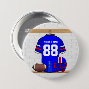 Personalized Blue White Red Football Jersey Pinback Button