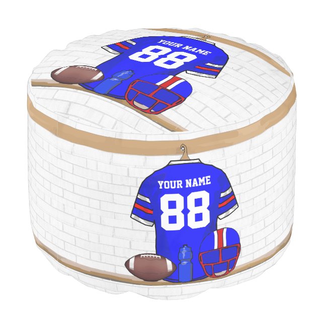 Personalized Blue White Red Football Jersey Pouf (Angled Back)