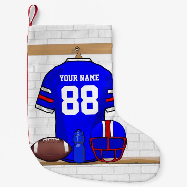 Personalized Blue White Red Football Jersey Small Christmas Stocking (Front)