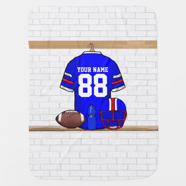 Personalized Blue White Red Football Jersey Stroller Blanket (Front)