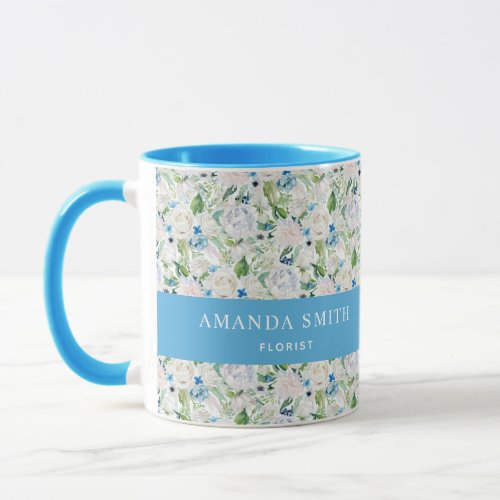 Personalized Blue  White Rose Elegant Florist Mug