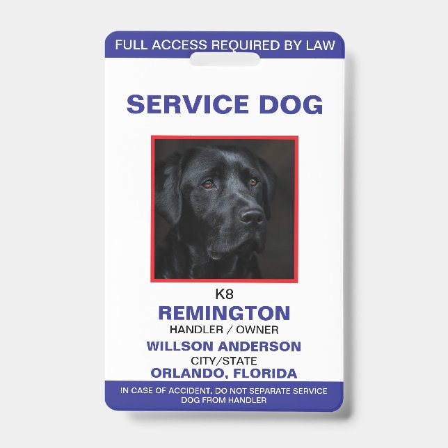 Personalized blue White Service Dog Photo ID Badge (Front)