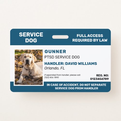 Personalized Blue White Service Dog Photo ID Badge