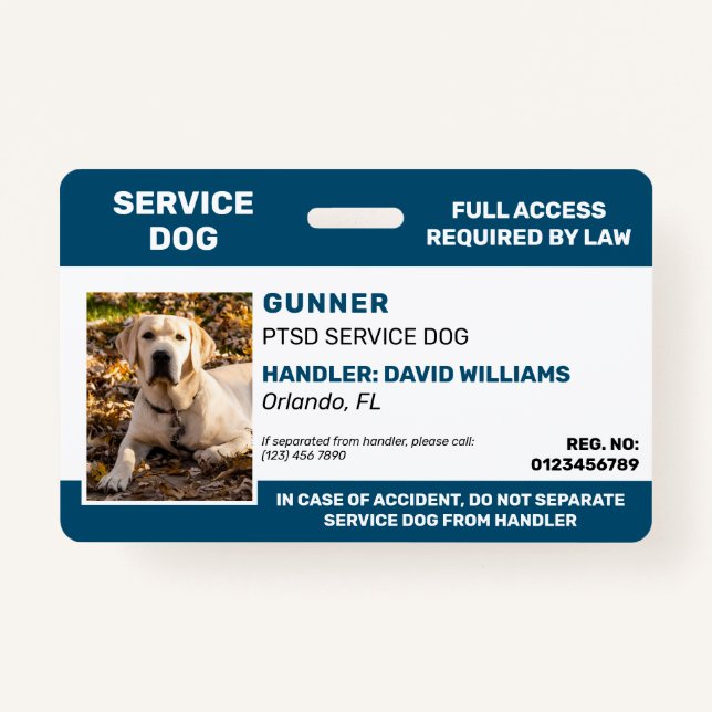 Personalized Blue White Service Dog Photo ID Badge (Front)