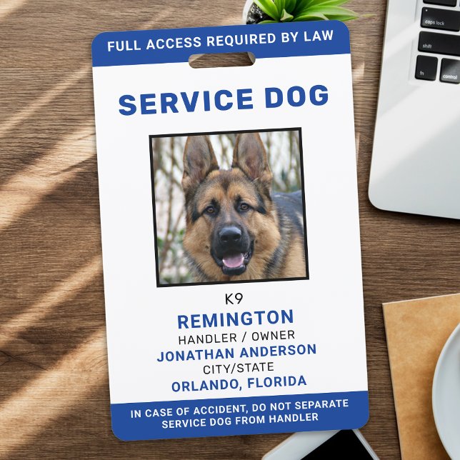 Personalized Blue White Service Dog Photo ID Badge (Creator Uploaded)