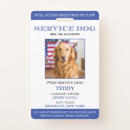 Personalized Blue White Service Dog Photo ID Badge