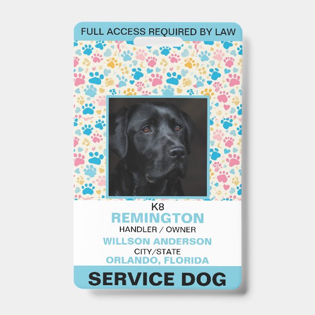 Personalized blue White Service Dog Photo ID Badge (Front)