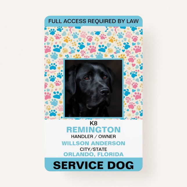 Personalized blue White Service Dog Photo ID Badge (Front)