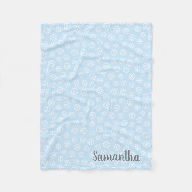 Personalized Blue White Snowflake Fleece Blanket (Front)