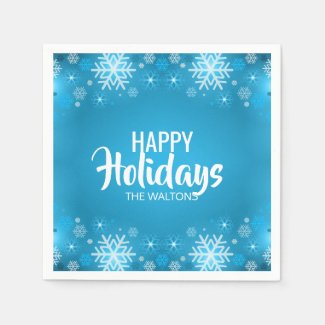 Personalized Blue White Snowflake Happy Holidays Paper Napkin
