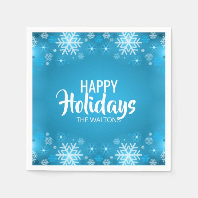 Personalized Blue White Snowflake Happy Holidays Paper Napkins (Front)